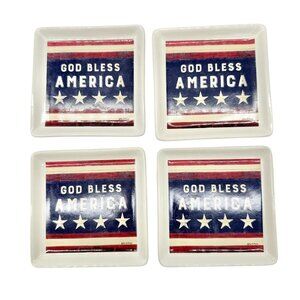 Primitives By Kathy God Bless America Decorative Square Trinket Trays Set 4 NIB